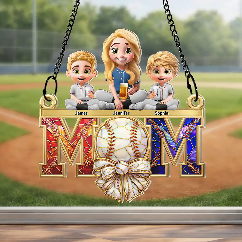 Baseball Mom & Kids Stained Glass Effect - Personalized Window Hanging Suncatcher Ornament