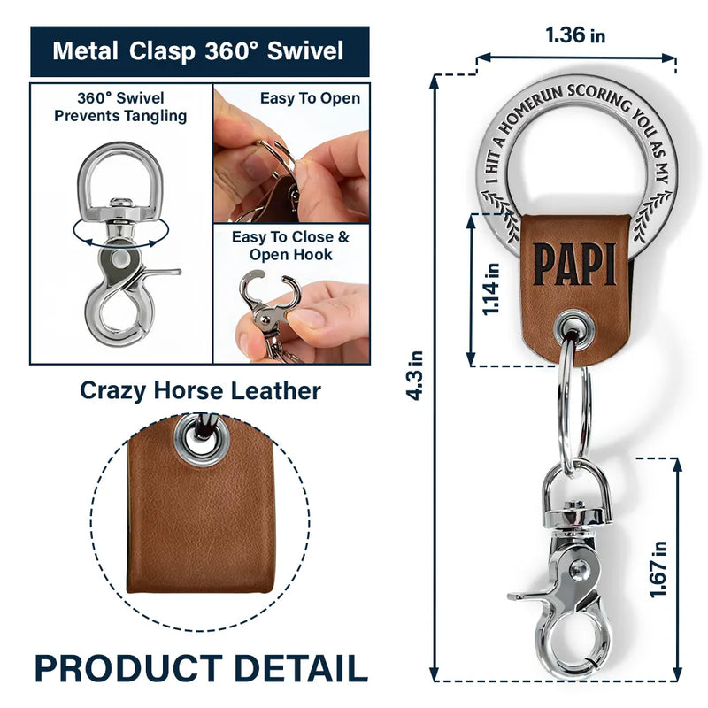 Gift For Father,Gift For Grandpa,Gift For Husband,Baseball,Love - Baseball Hit A Homerun Scoring You As Dad Papa Husband - Personalized Leather Coordinates Keychain