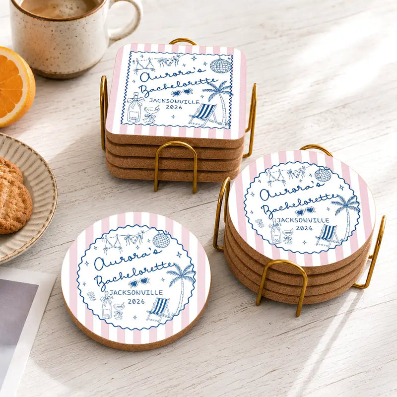 Gift For Bestie, Playful, Wedding, Custom Text - Beach Bachelorette Party - Personalized Cork Coaster