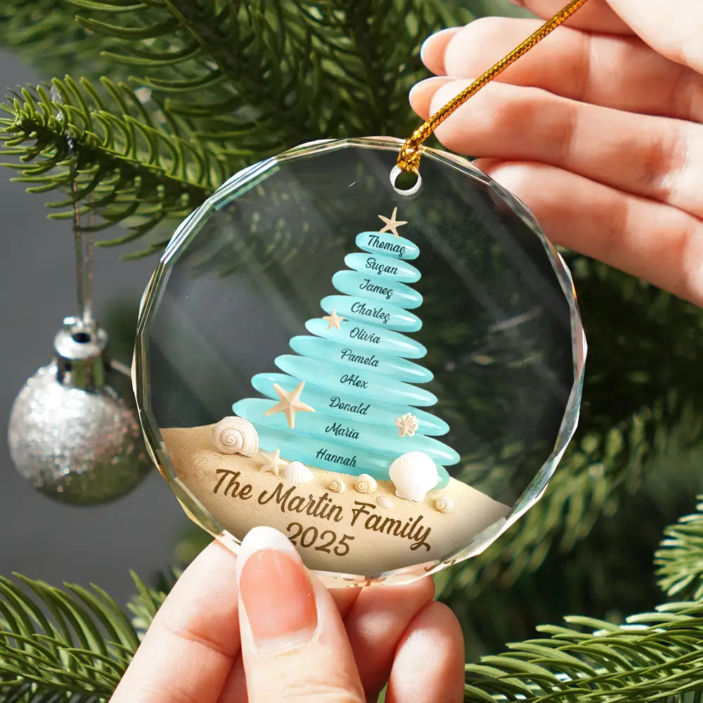 Family,Pet Lovers,Pet Mom,Pet Dad,Pet Couple,Dog Lovers,Dog Couple,Dog Mom,Dog Dad,Cat Lovers,Cat Mom,Cat Dad,Cat Couple,Happy,Single Mom,Single Dad,Gift For Grandpa,Gift For Grandma,Gift For Grandkids,Christmas,Top Market - Beach Stones Family Christmas - Personalized Circle Glass Ornament