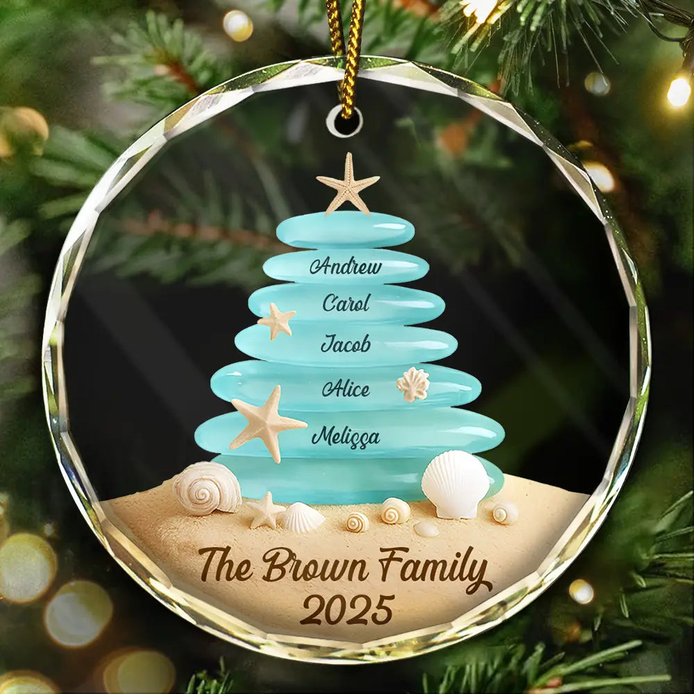 Family,Pet Lovers,Pet Mom,Pet Dad,Pet Couple,Dog Lovers,Dog Couple,Dog Mom,Dog Dad,Cat Lovers,Cat Mom,Cat Dad,Cat Couple,Happy,Single Mom,Single Dad,Gift For Grandpa,Gift For Grandma,Gift For Grandkids,Christmas,Top Market - Beach Stones Family Christmas - Personalized Circle Glass Ornament