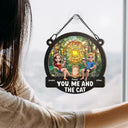 Gift For Couples,Gift For Husband,Gift For Wife,Gift For Boyfriend,Gift For Girlfriend,Pet Lovers,Pet Couple,Cat Lovers,Cat Couple,Summer,Beach,Happy - Beach You, Me And The Cats - Personalized Window Hanging Suncatcher Ornament