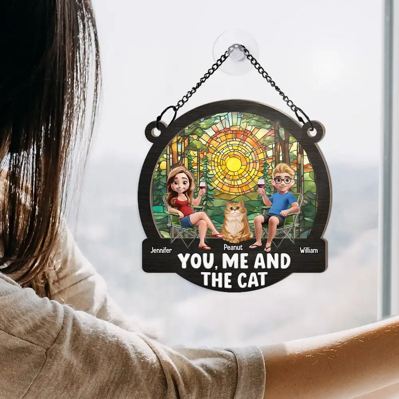 Gift For Couples,Gift For Husband,Gift For Wife,Gift For Boyfriend,Gift For Girlfriend,Pet Lovers,Pet Couple,Cat Lovers,Cat Couple,Summer,Beach,Happy - Beach You, Me And The Cats - Personalized Window Hanging Suncatcher Ornament