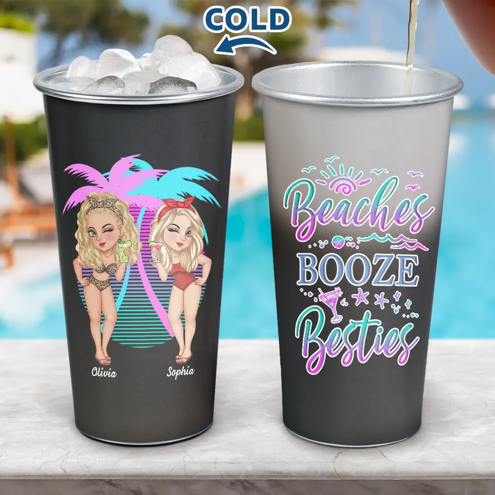 Gift For Women, Gift For Bestie, Beach, Summer, Happy - Beaches Booze Besties - Personalized Aluminum Color Changing Cup
