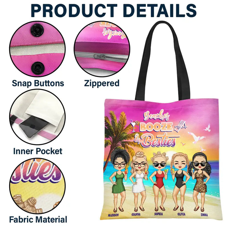 Gift For Bestie,Beach,Summer,Happy - Beaches Booze Besties - Personalized Tote Bag