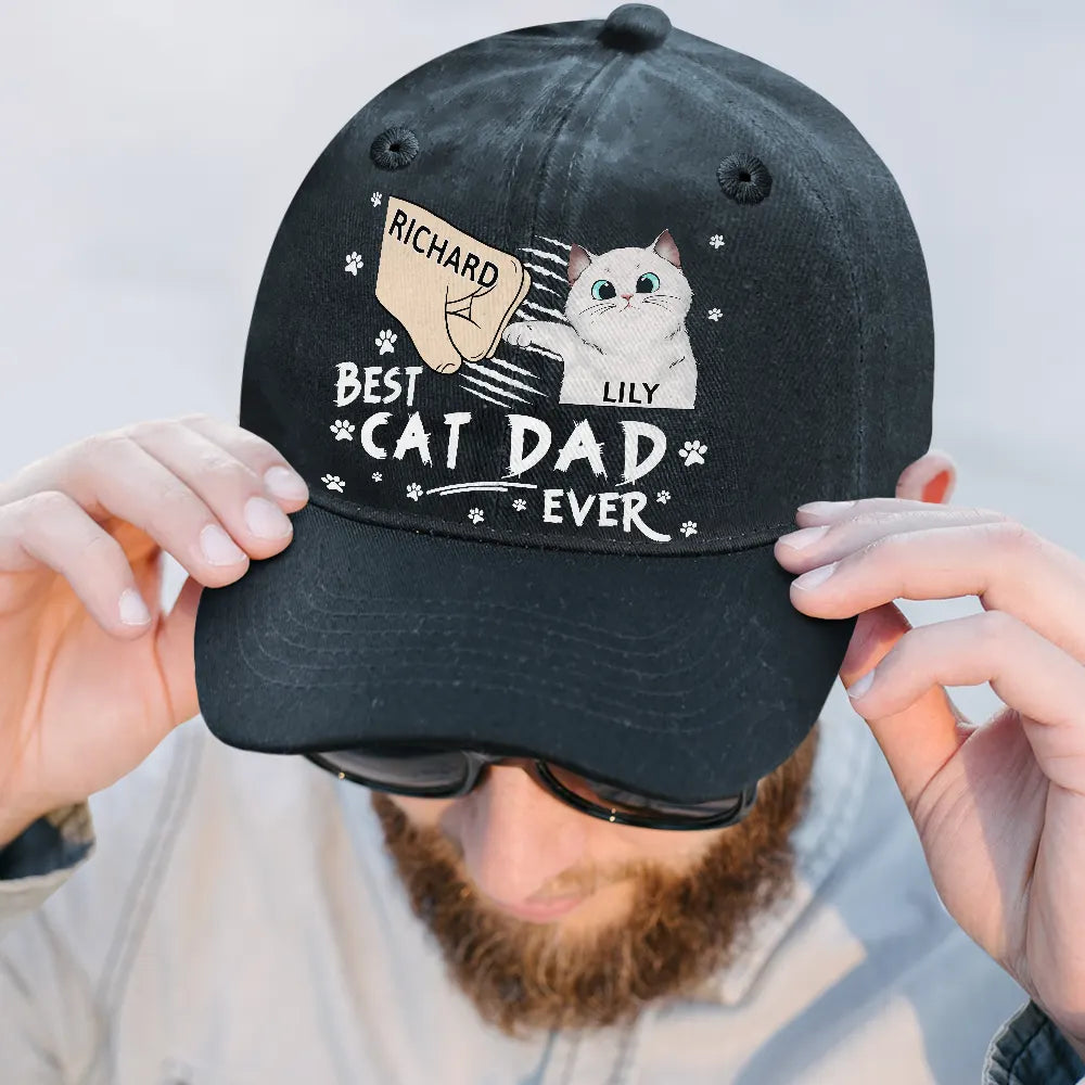Cat Lovers,Cat Dad,Funny - Best Cat Dad Ever - Personalized Vintage Washed Denim Cap