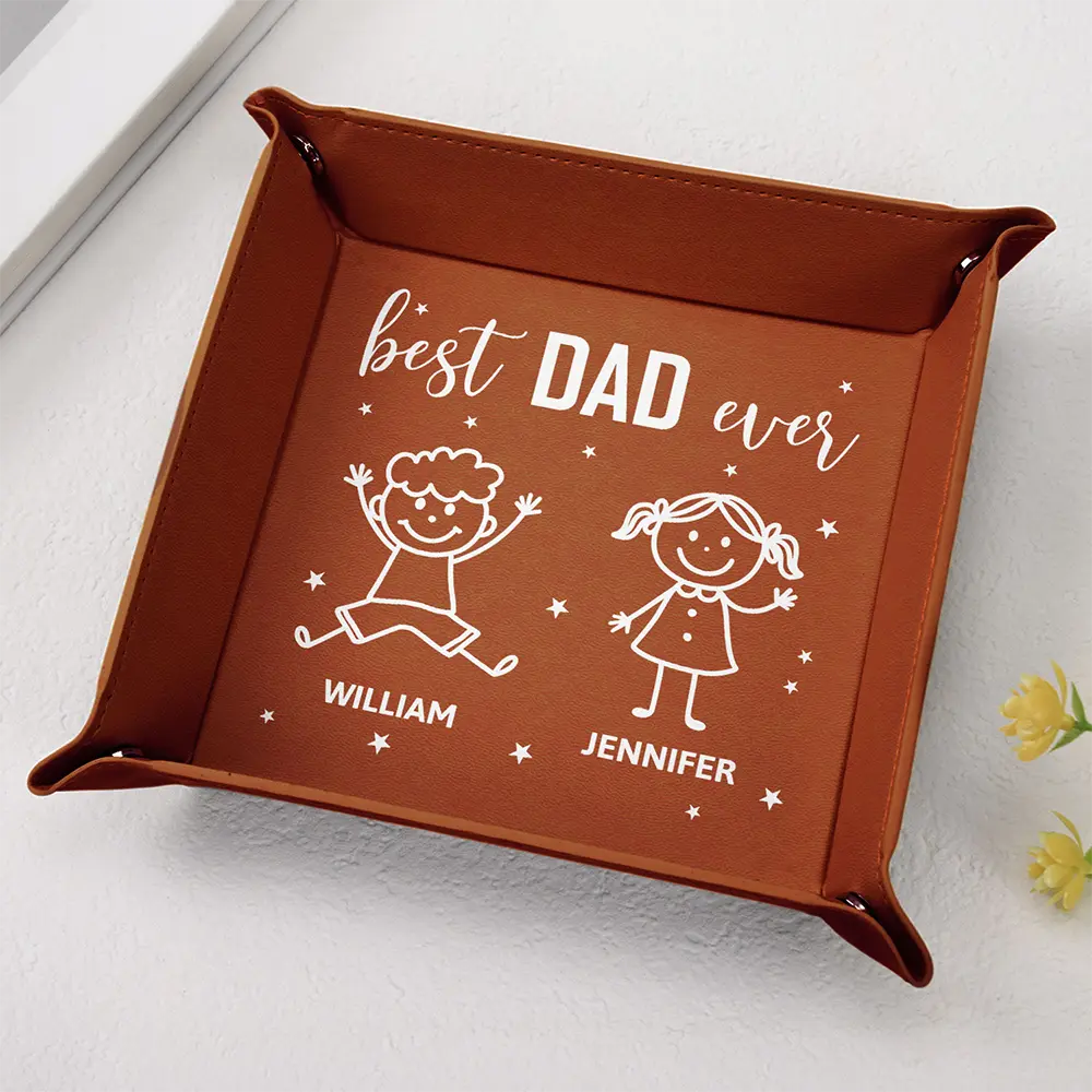 Dad - Children, Grandpa - Grandkids, Gift For Grandpa, Gift For Father, Funny - Best Dad Ever Figure Sticks - Personalized Leather Valet Tray