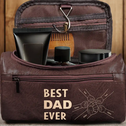 Best Dad Ever Fist Bump - Personalized Leather Toiletry Bag