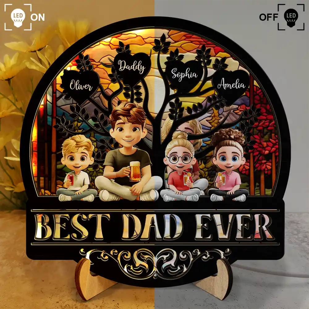 Gift For Father, Gift For Grandpa, Happy - Best Dad Grandpa Ever - Personalized LED Light Wooden Plaque