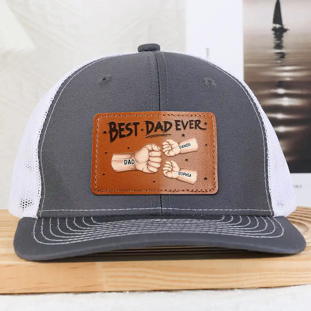 Gift For Father,Happy,Gift For Grandpa,Gift For Husband - Best Dad Grandpa Ever Fist Bump - Personalized Leather Patch Hat
