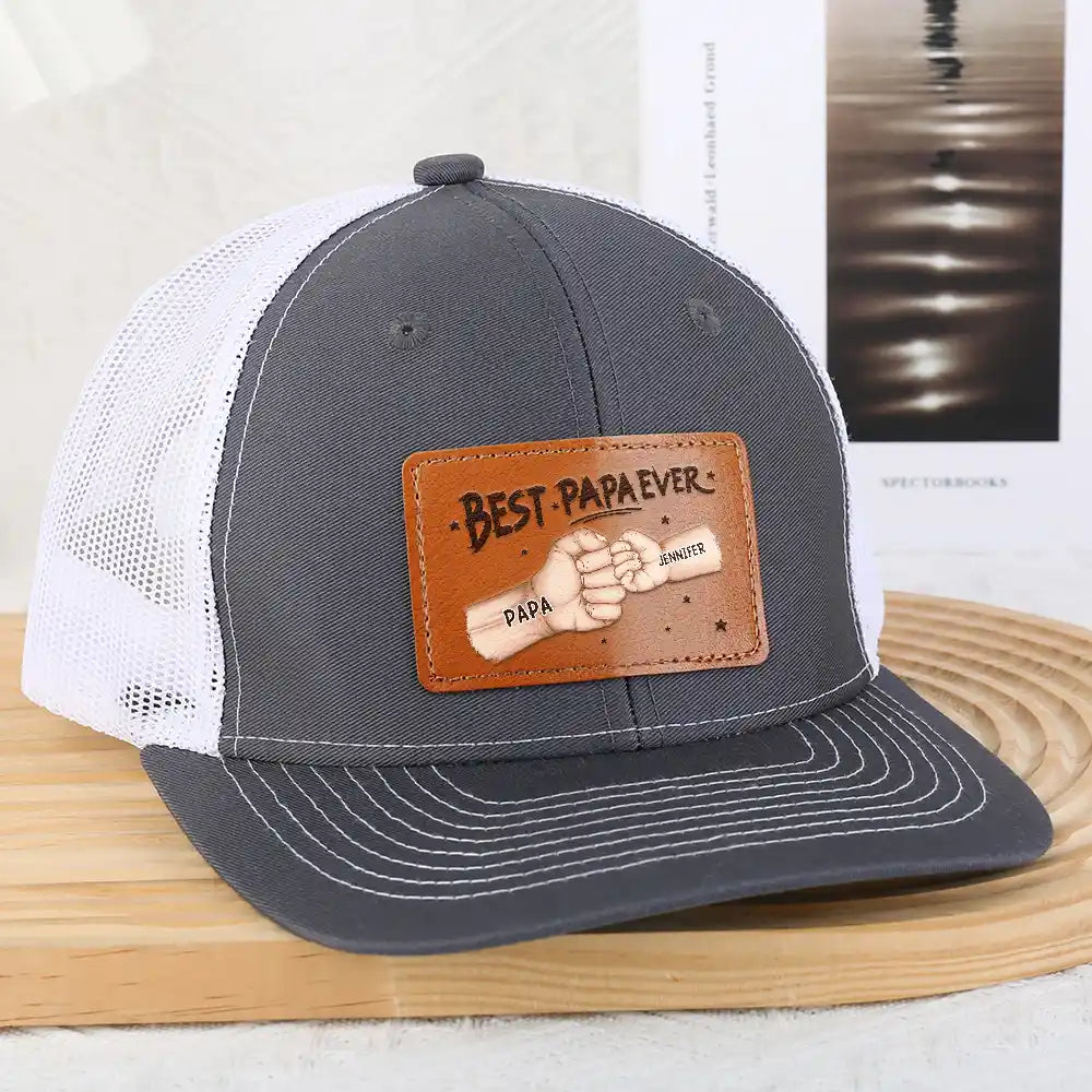 Gift For Father,Happy,Gift For Grandpa,Gift For Husband - Best Dad Grandpa Ever Fist Bump - Personalized Leather Patch Hat