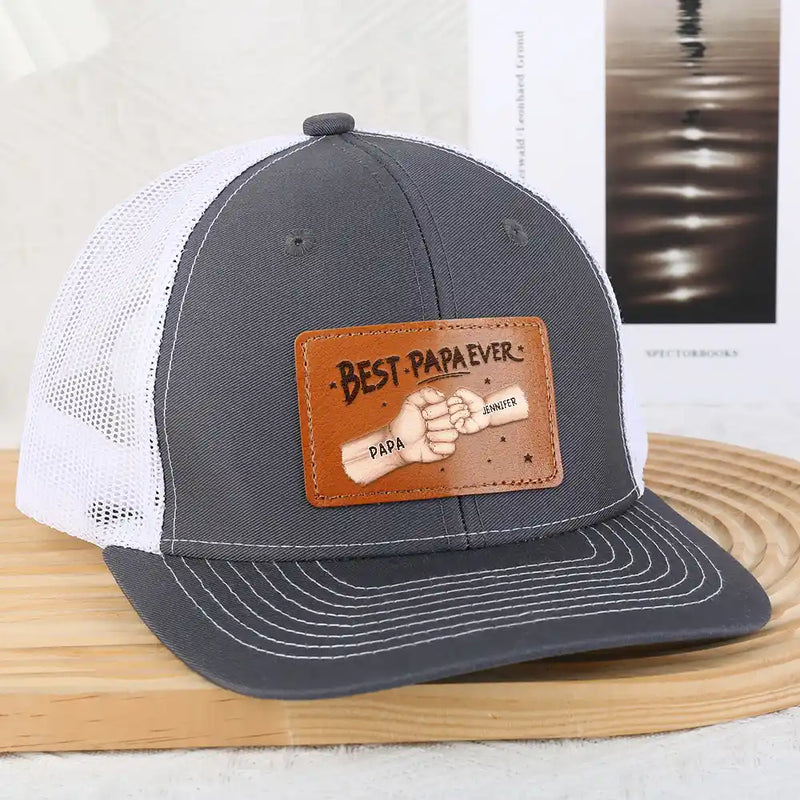 Gift For Father,Happy,Gift For Grandpa,Gift For Husband - Best Dad Grandpa Ever Fist Bump - Personalized Leather Patch Hat