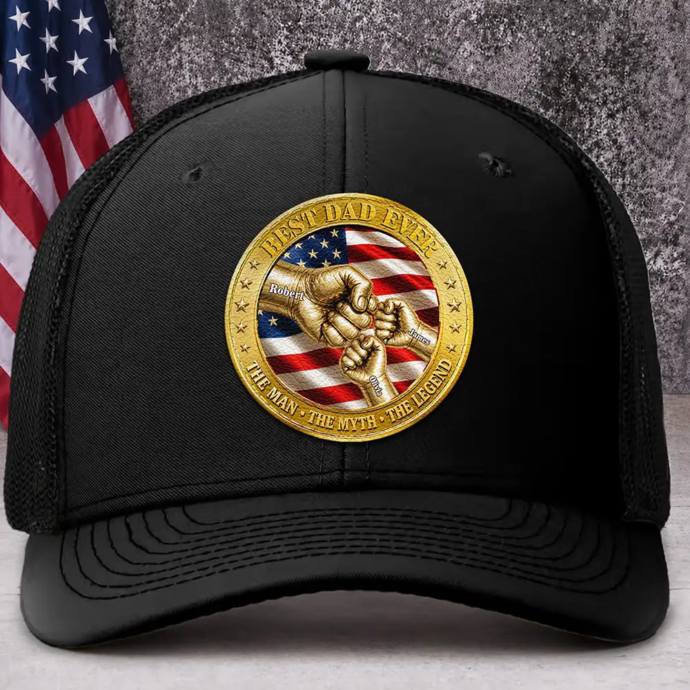 Best Dad Grandpa Ever Fist Bump With Kids - Personalized Leather Patch Hat