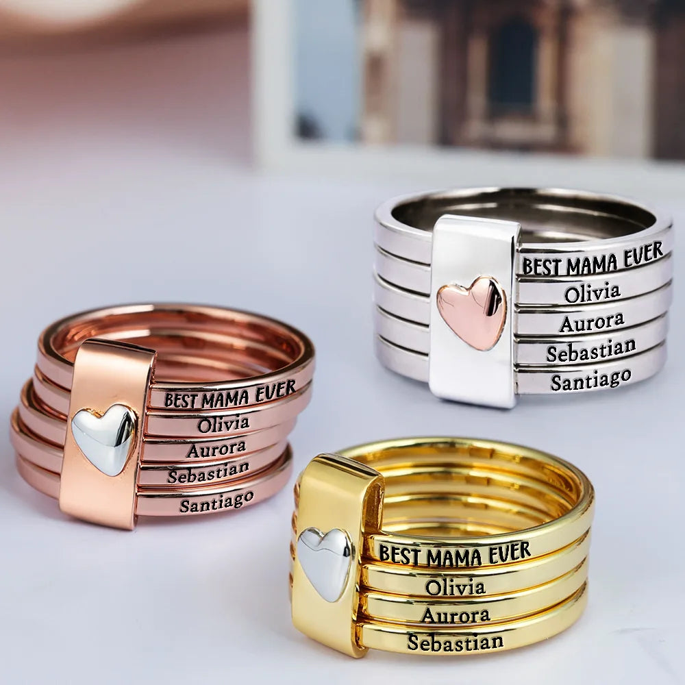 Gift For Yourself, Gift For Women, Gift For Aunt, Gift For Mother, Gift For Grandma, Love, Gift For Wife - Best Mom Grandma Ever - Personalized Heart Stacking Rings