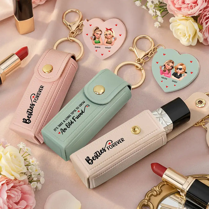 Gift For Bestie, Old Best friends - Besties Forever - Personalized Leather Lipstick Case Keychain With Mirror