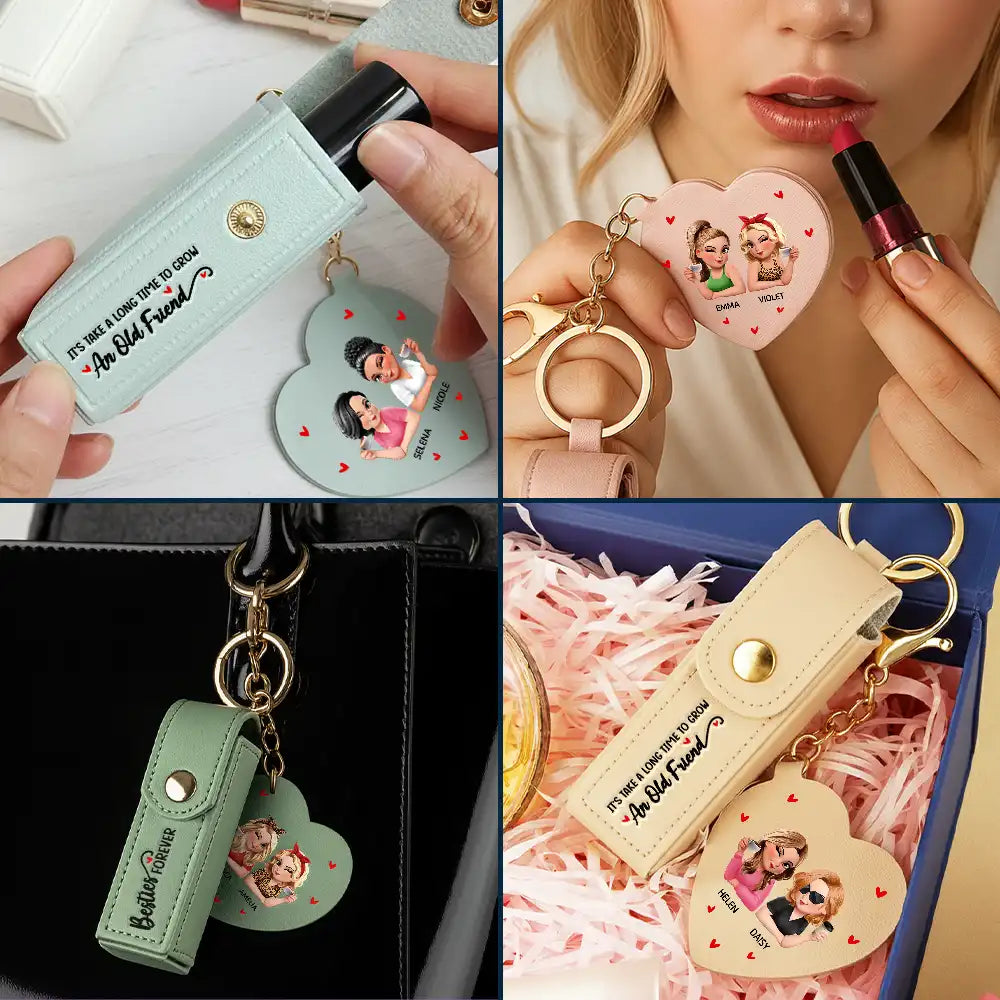 Gift For Bestie, Old Best friends - Besties Forever - Personalized Leather Lipstick Case Keychain With Mirror