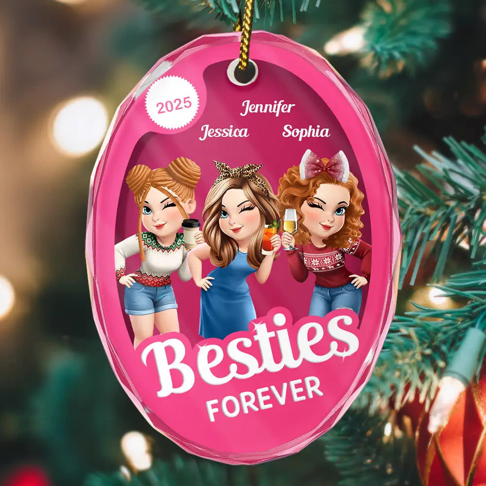 Gift For Bestie,Gift For Sisters,Happy,Gift For Women,Christmas - Besties Forever Pink Action Figure 3D Effect - Personalized Oval Glass Ornament