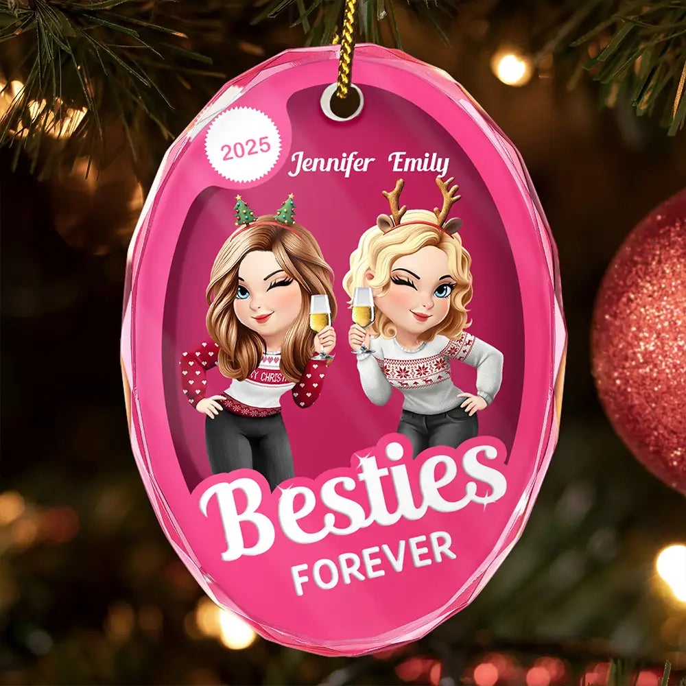 Besties Forever Pink Action Figure 3D Effect - Personalized Oval Glass Ornament