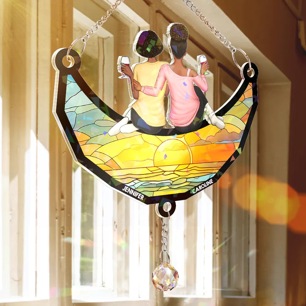 Happy, Gift For Sisters, Gift For Bestie, Gifts For Colleagues - Besties Friends Sitting On The Moon - Personalized Rainbow Suncatcher With Crystal Ball Prism