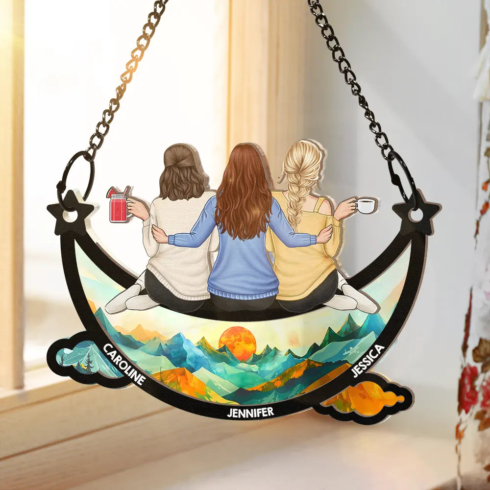 Gift For Bestie, Love - Besties Friends Sitting On The Moon Starry Sky - Personalized Window Hanging Suncatcher Ornament