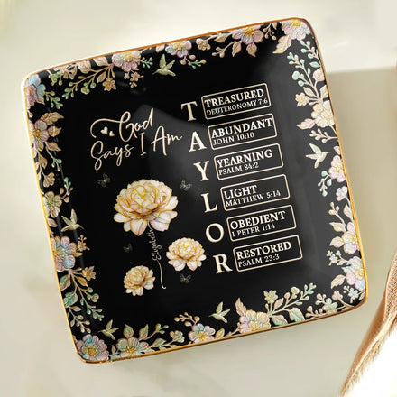 Bible Verse God Says I Am Birth Flower Nacre Effect - Personalized Ring Dish