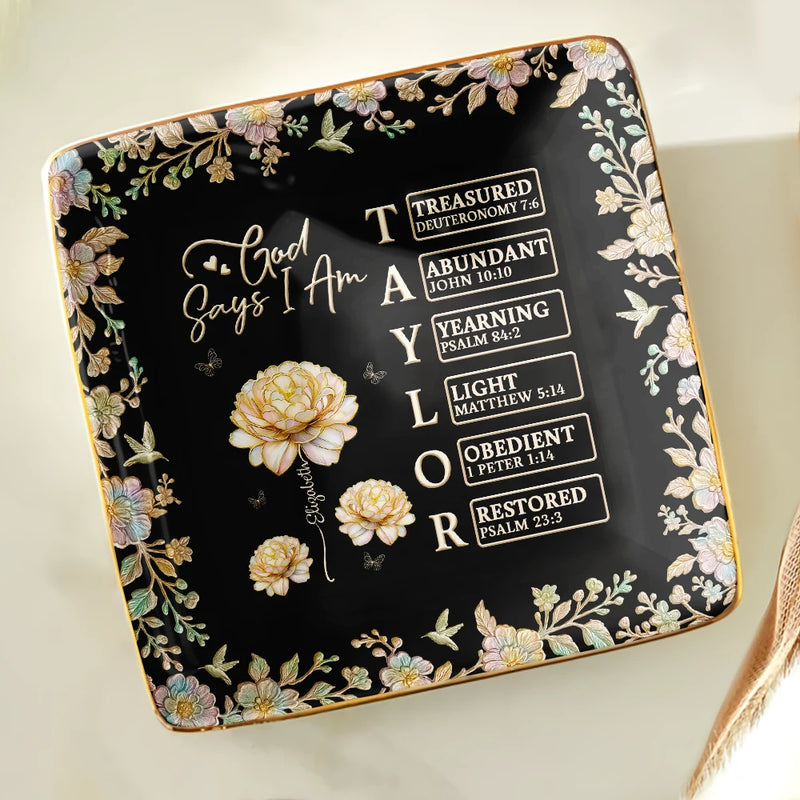 Gift For Women,Gift For Bestie,Love - Bible Verse God Says I Am Birth Flower Nacre Effect - Personalized Ring Dish