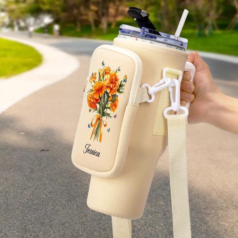 Gift For Yourself, Gift For Women, Gift For Mother, Gift For Grandma, Happy - Birth Flower Bouquet - Personalized Bottle Carrier Bag