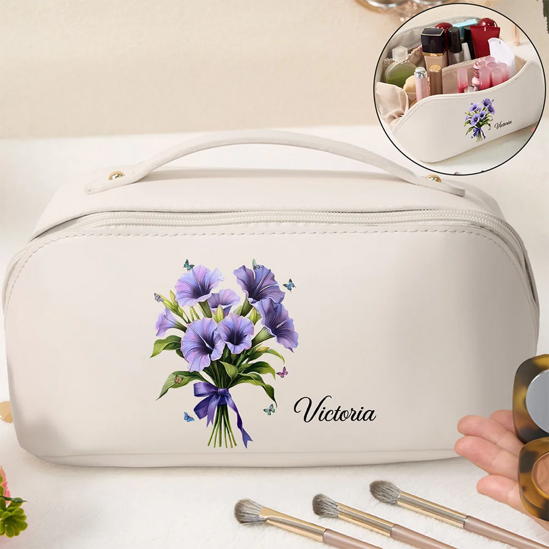 Gift For Yourself, Gift For Women, Gift For Mother, Gift For Daughter, Gift For Sisters, Gift For Bestie, Happy, Top Market - Birth Flower Bouquet - Personalized Leather Makeup Bag