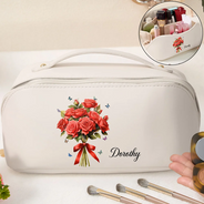 Gift For Yourself, Gift For Women, Gift For Mother, Gift For Daughter, Gift For Sisters, Gift For Bestie, Happy, Top Market - Birth Flower Bouquet - Personalized Leather Makeup Bag