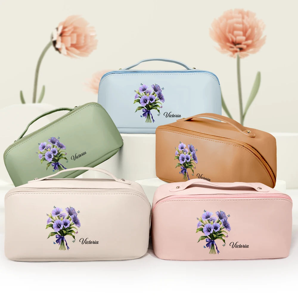Gift For Yourself, Gift For Women, Gift For Mother, Gift For Daughter, Gift For Sisters, Gift For Bestie, Happy, Top Market - Birth Flower Bouquet - Personalized Leather Makeup Bag