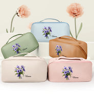 Gift For Yourself, Gift For Women, Gift For Mother, Gift For Daughter, Gift For Sisters, Gift For Bestie, Happy, Top Market - Birth Flower Bouquet - Personalized Leather Makeup Bag