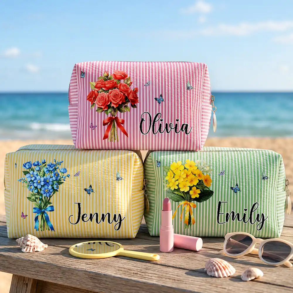 Gift For Yourself, Gift For Women, Summer, Top Market, Confident, Icon - Birth Flower Bouquet - Personalized Striped Cosmetic Bag