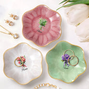 Gift For Yourself, Gift For Women, Happy - Birth Flower Bouquet Custom Name - Personalized Lotus Jewelry Dish