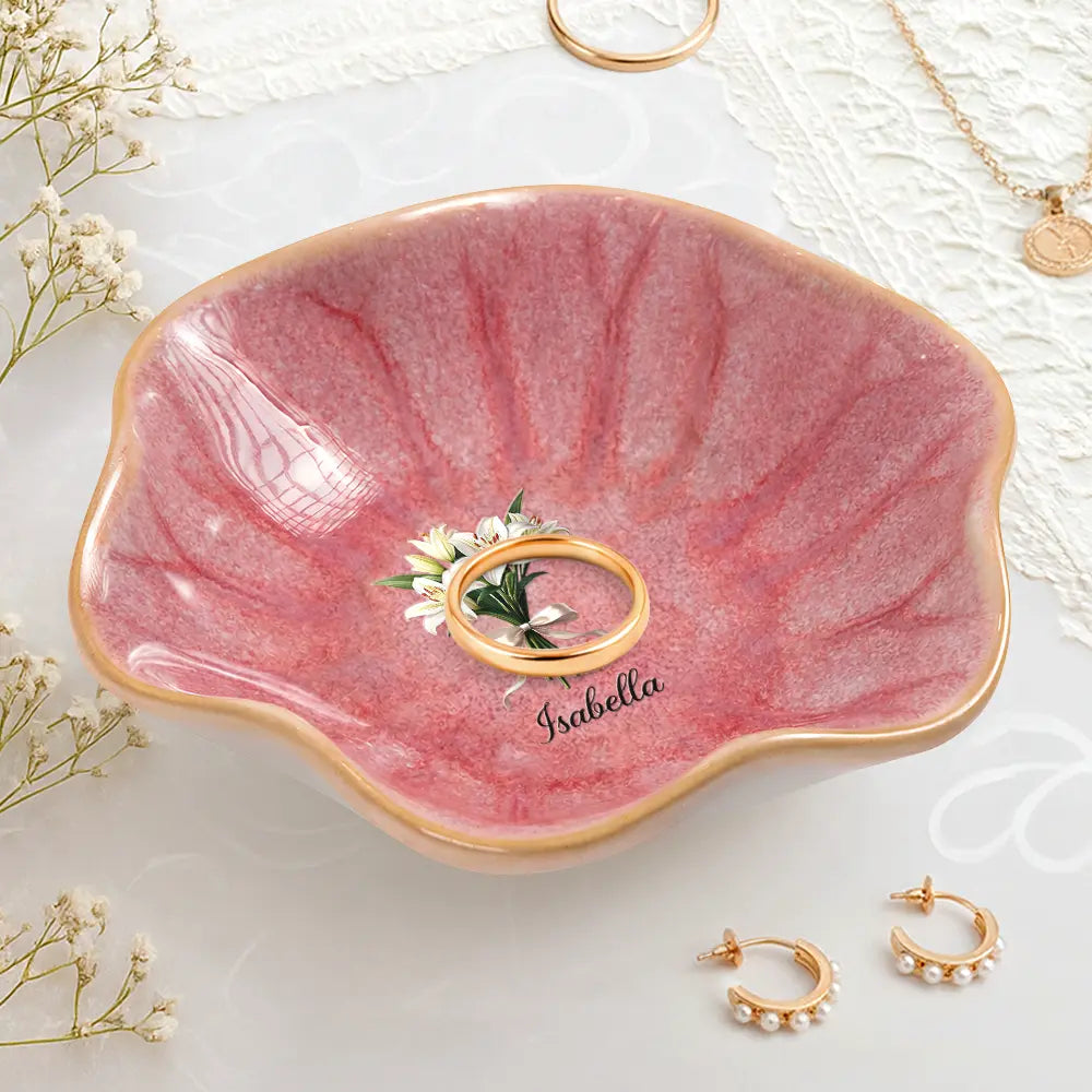 Gift For Yourself, Gift For Women, Happy - Birth Flower Bouquet Custom Name - Personalized Lotus Jewelry Dish