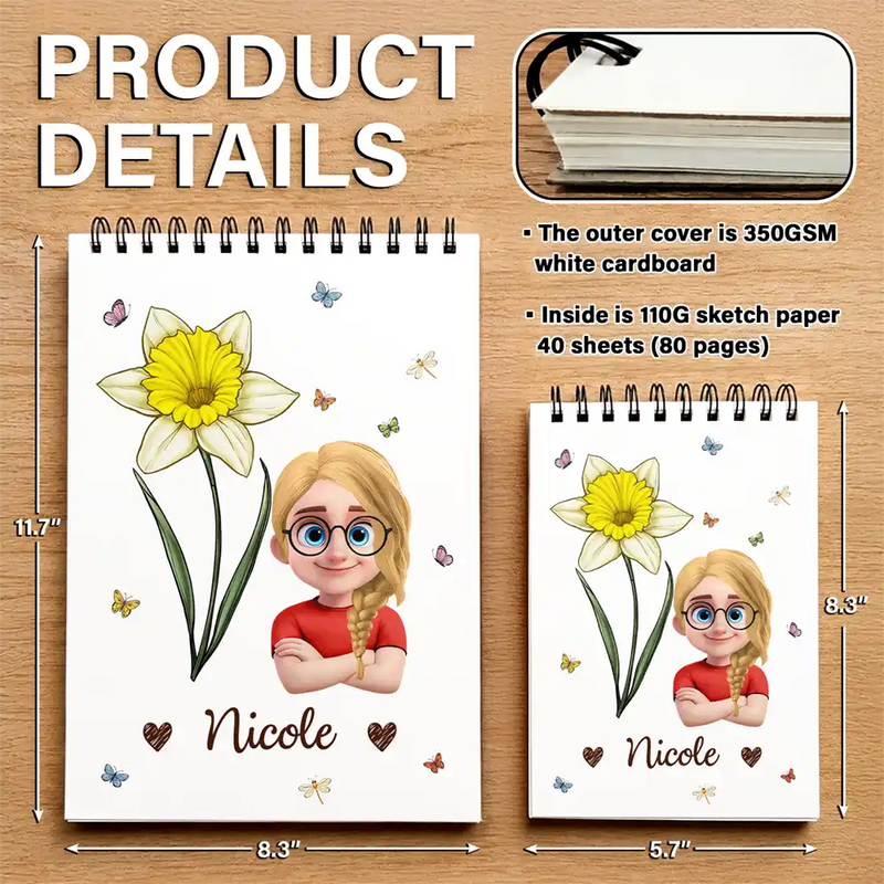 Back To School,Gift For Daughter,Gift For Children,Confident,Vector,Icon - Birth Flower Cartoon Character For Kids, Sisters, Besties - Personalized Sketchbook