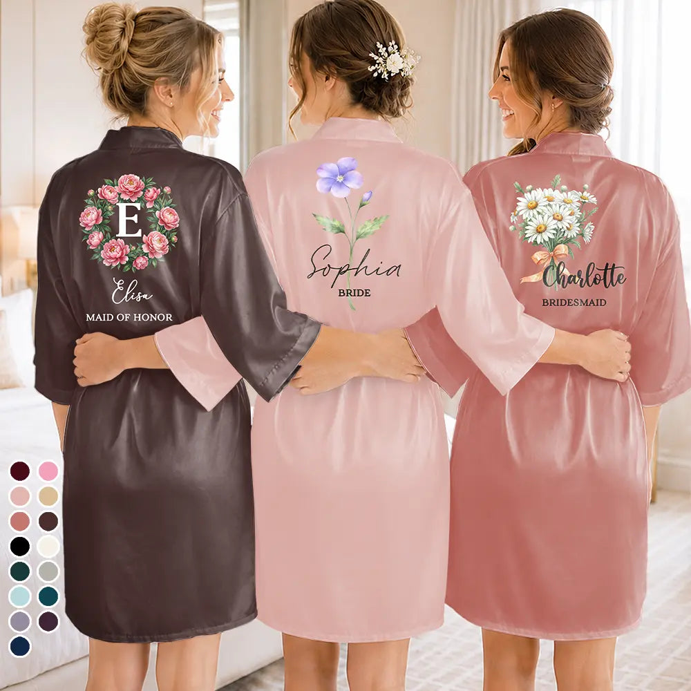 Gift For Yourself, Gift For Women, Bachelorette, Confident, Icon - Birth Flower Custom Name For Her, Bridesmaids, Friends, Wife, Mom, Daughter - Personalized Satin Robe