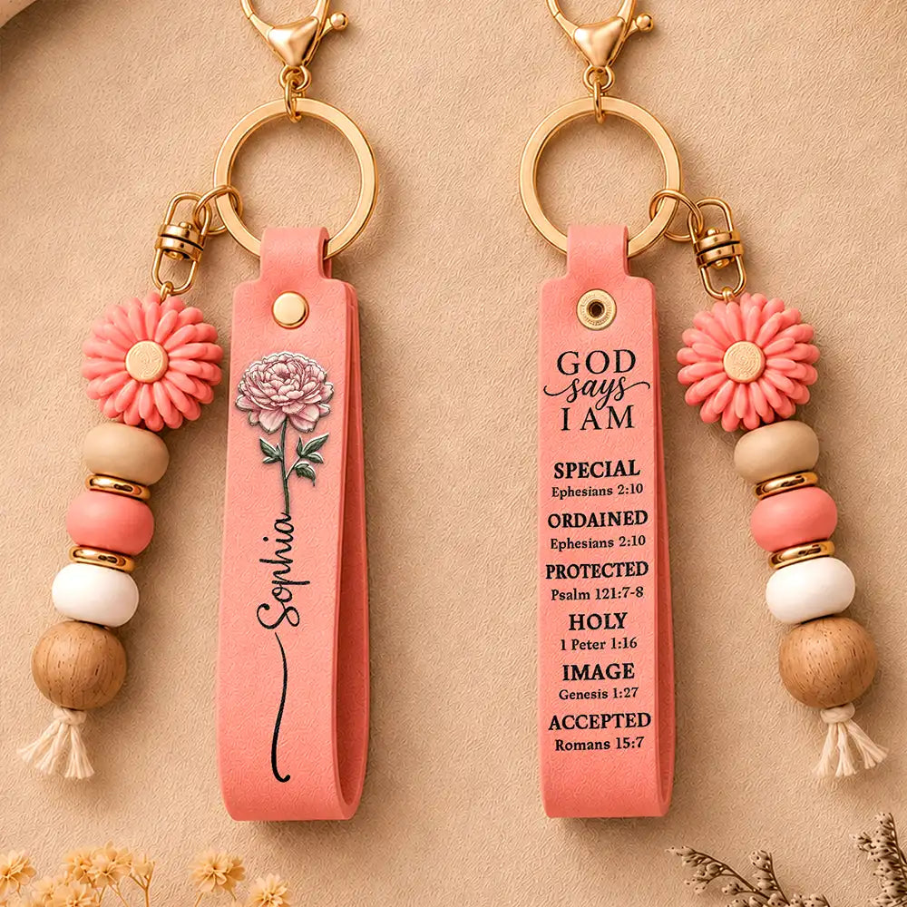 Birth Flower God Says You Are Bible Verse - Personalized Leather Beaded Keychain