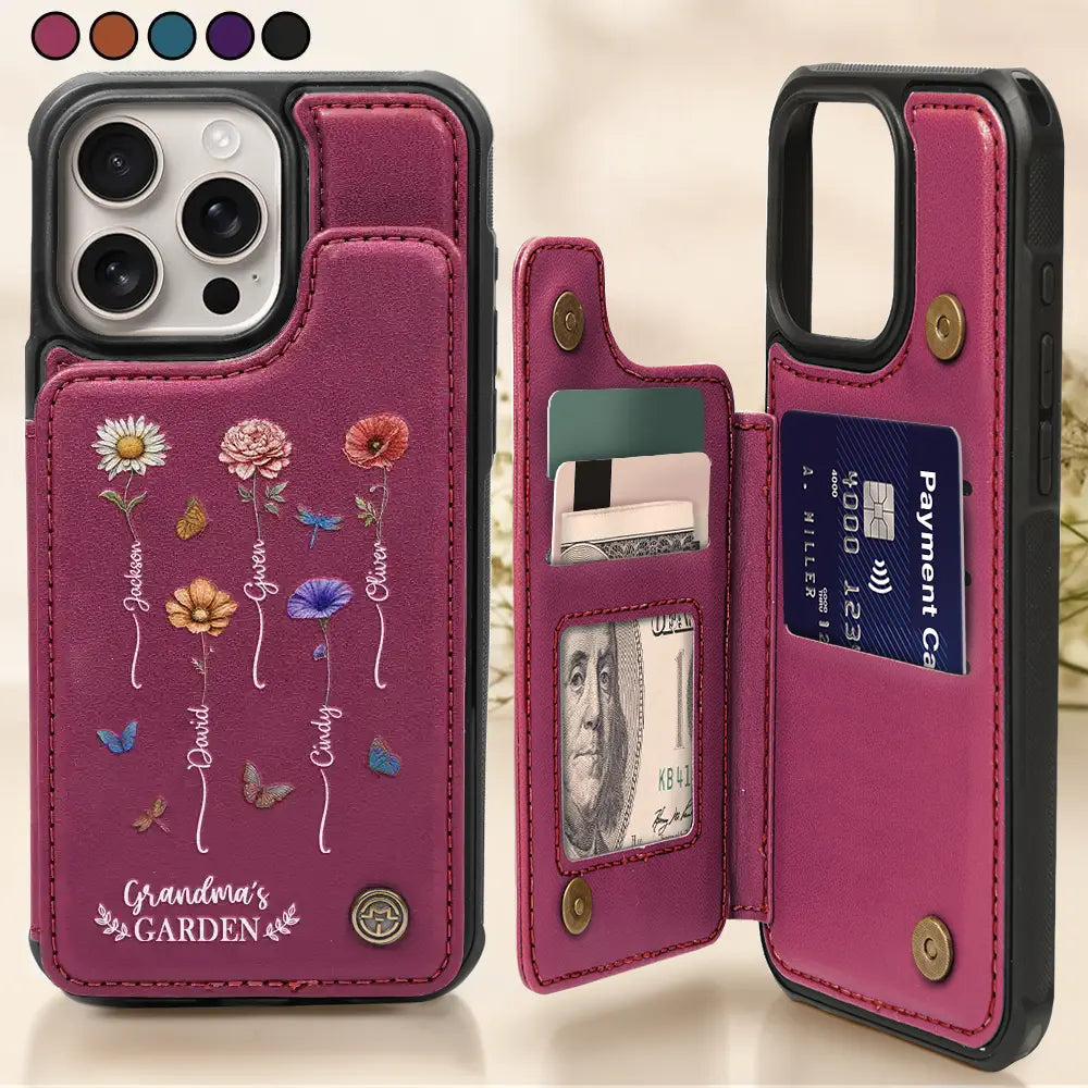 Birth Flower Grandma's Garden - Personalized Leather Flip Wallet Phone Case