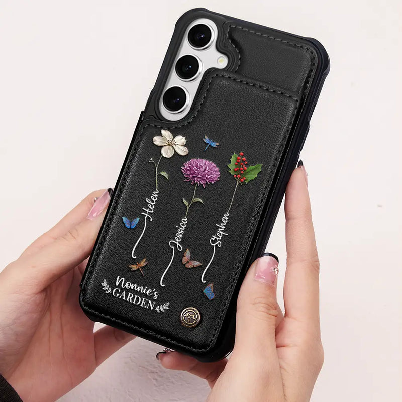 Gift For Wife, Gift For Yourself, Gift For Women, Gift For Mother, Gift For Grandma, Love - Birth Flower Grandma's Garden - Personalized Leather Flip Wallet Phone Case