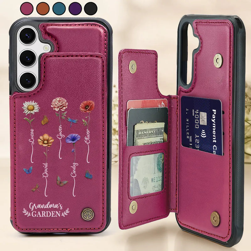 Gift For Wife, Gift For Yourself, Gift For Women, Gift For Mother, Gift For Grandma, Love - Birth Flower Grandma's Garden - Personalized Leather Flip Wallet Phone Case