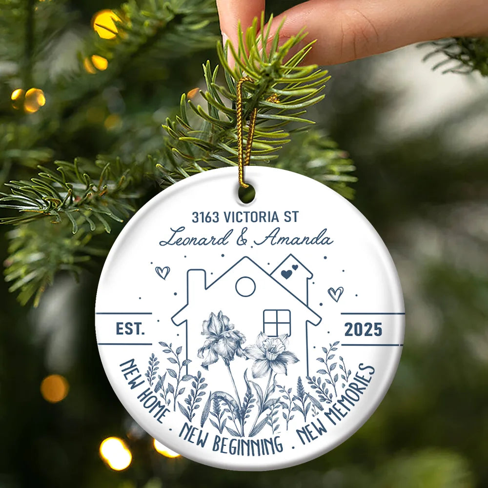 Gift For Couples,Christmas,Gift For Husband,Gift For Wife,Gift For Boyfriend,Gift For Girlfriend,Happy - Birth Flower New Home New Beginning - Personalized Circle Ceramic Ornament