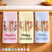 Top Market,Gift For Yourself,Cooking,Gift For Women,Icon,Happy - Birth Flower Striped Pattern - Personalized Kitchen Towel