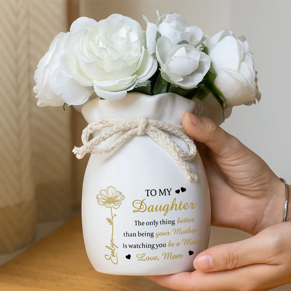 Gift For Daughter,Mom,Daughters (Adult),Happy - Birth Flower Watching You Be A Mom - Personalized Ribbon Tie Flower Vase
