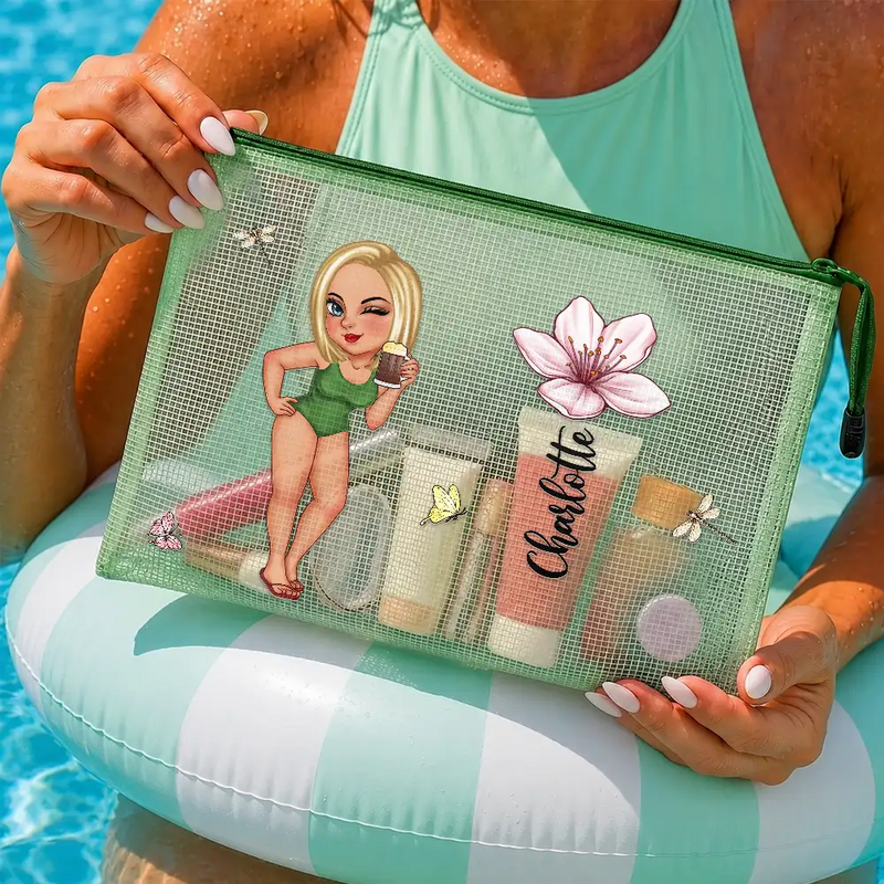 Confident,Gift For Bestie,Beach,Summer,Vector,Custom Text - Birth Flower Woman, Besties, Sisters For Summer And Travel - Personalized Mesh Zipper Pouch