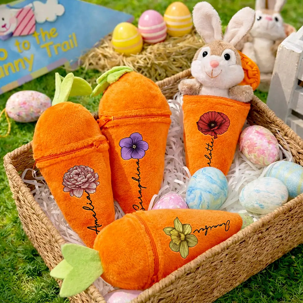 Birth Month Flower And Name - Personalized Plush Reversible Carrot Bunny Keychain