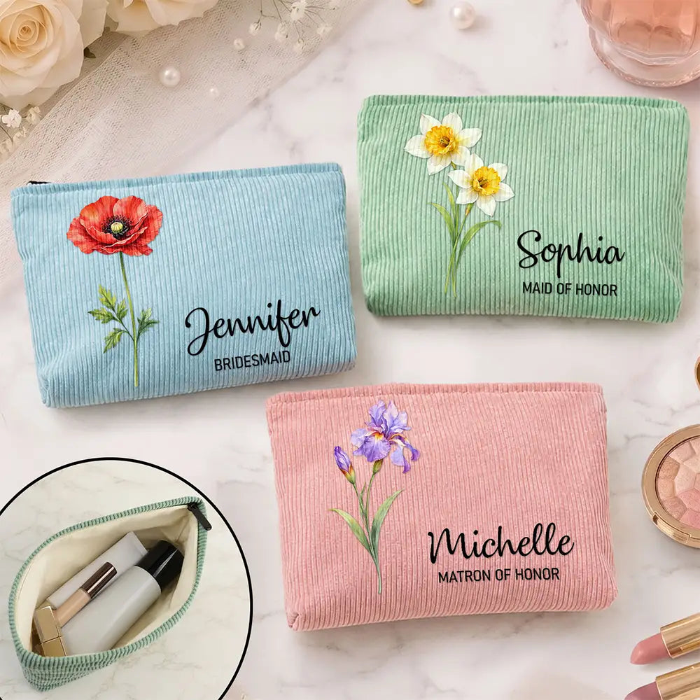 Watercolor Birth Month Flower Blooming With Beauty - Personalized Corduroy Makeup Bag