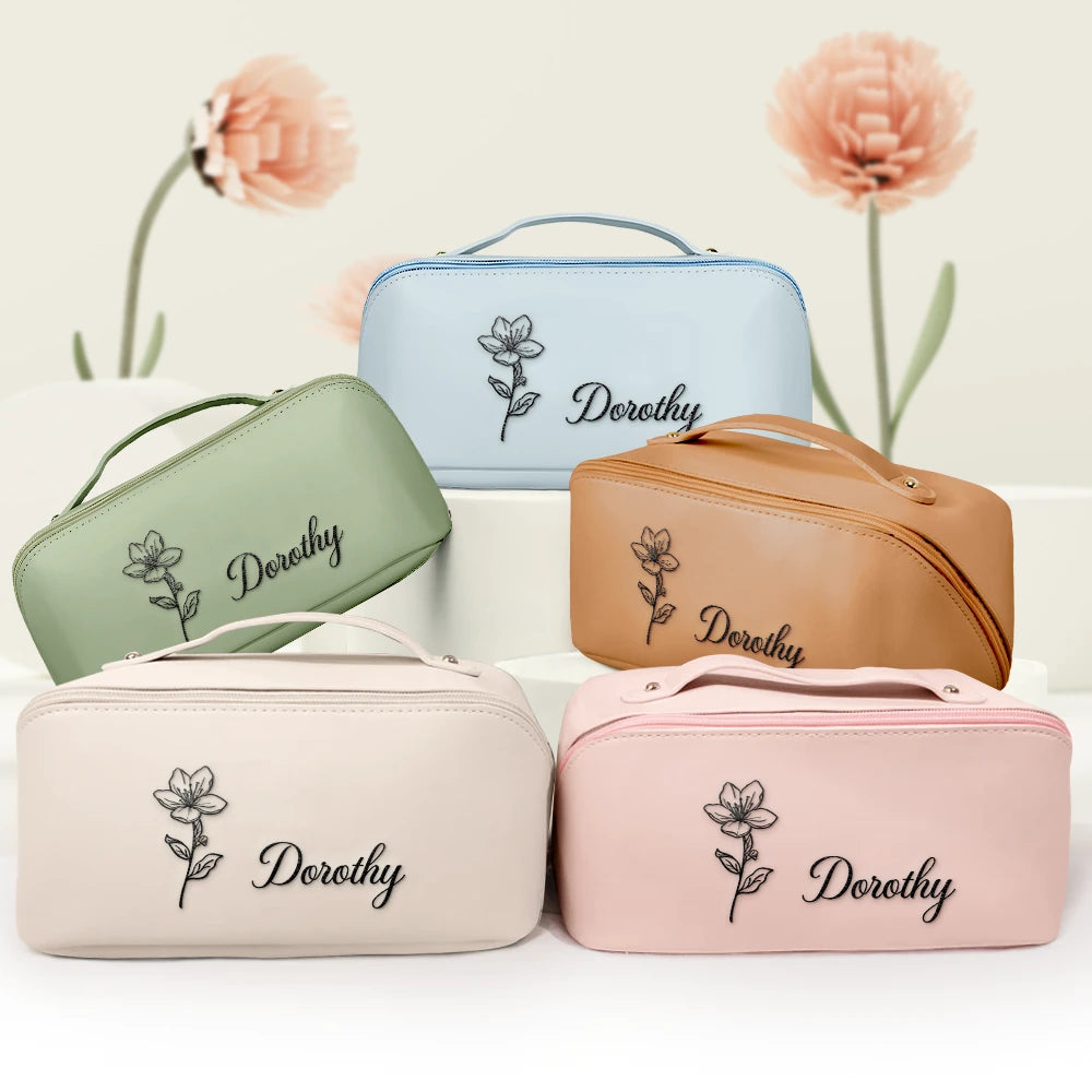 Gift For Women,Happy,Gift For Bestie,Gift For Sisters,Gift For Daughter - Birth Month Flower Blooming In Love - Personalized Embroidered Leather Makeup Bag