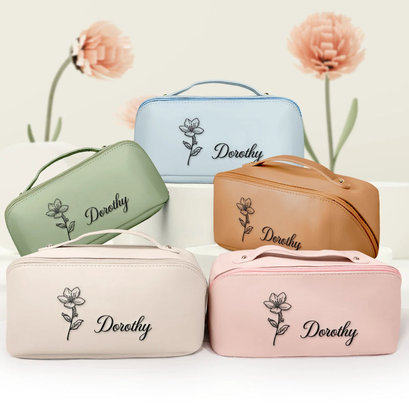 Gift For Women,Happy,Gift For Bestie,Gift For Sisters,Gift For Daughter - Birth Month Flower Blooming In Love - Personalized Embroidered Leather Makeup Bag