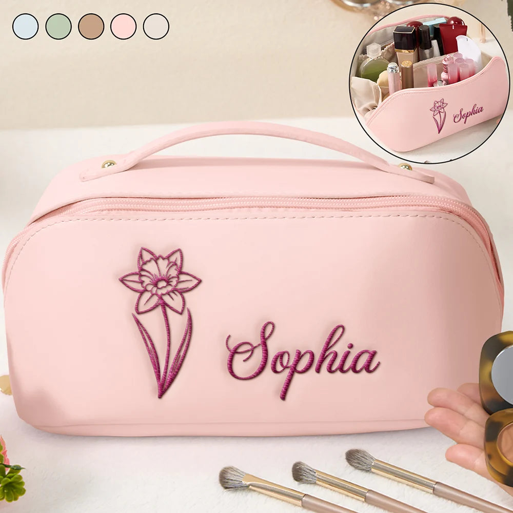 Birth Month Flower Blooming In Love - Personalized Embroidered Leather Makeup Bag