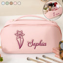 Gift For Women,Happy,Gift For Bestie,Gift For Sisters,Gift For Daughter - Birth Month Flower Blooming In Love - Personalized Embroidered Leather Makeup Bag